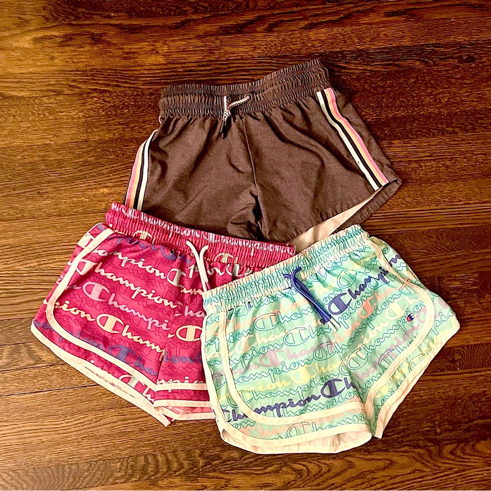 Girls 10/12 lot of three pairs active shorts. Gray, blue, & purple. Very good.